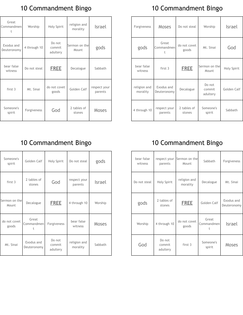 10 Commandment Bingo