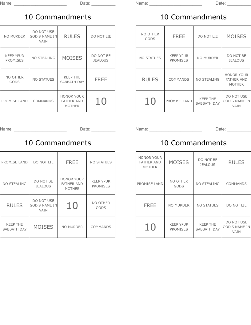 10 Commandments Bingo Cards