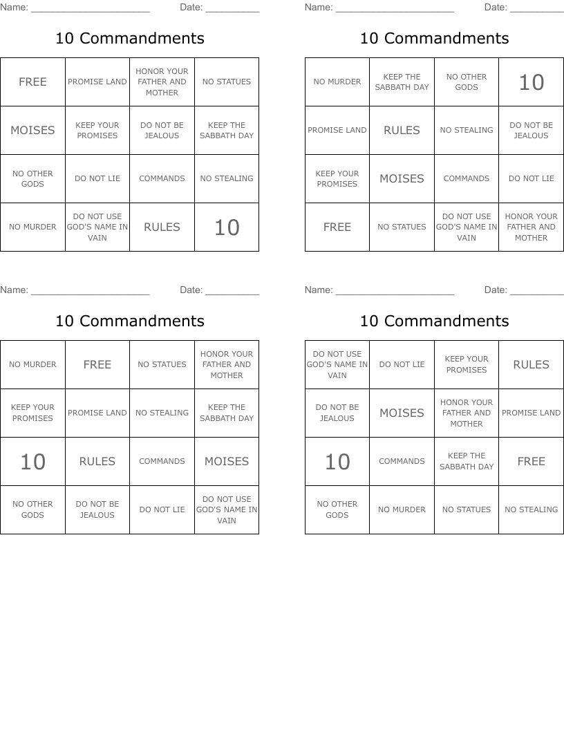 10 Commandments Bingo Cards