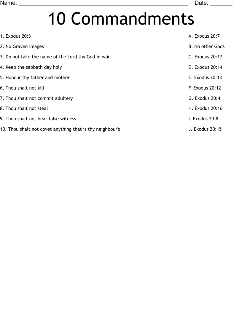 10 Commandments Worksheet