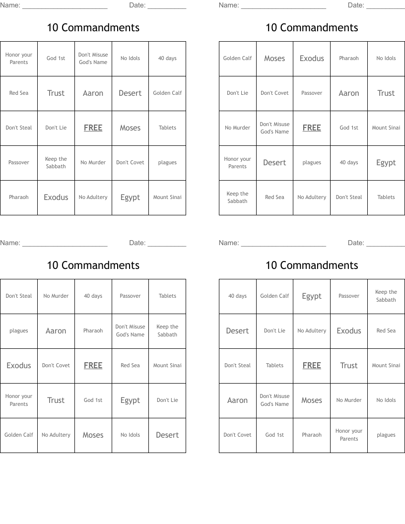 10 Commandments Bingo Cards