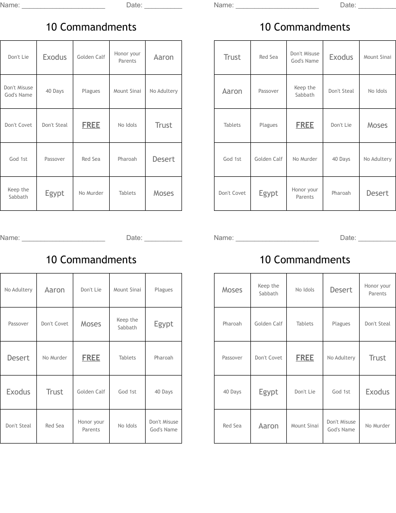 10 Commandments Bingo Cards