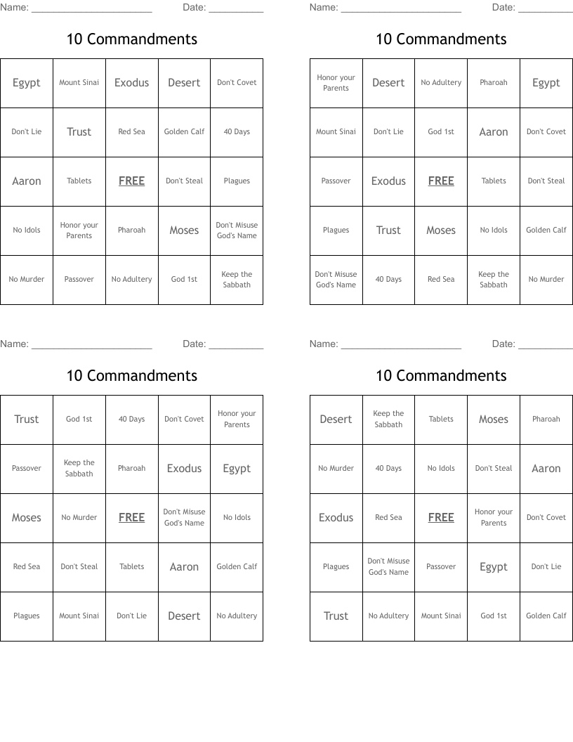 10 Commandments Bingo Cards
