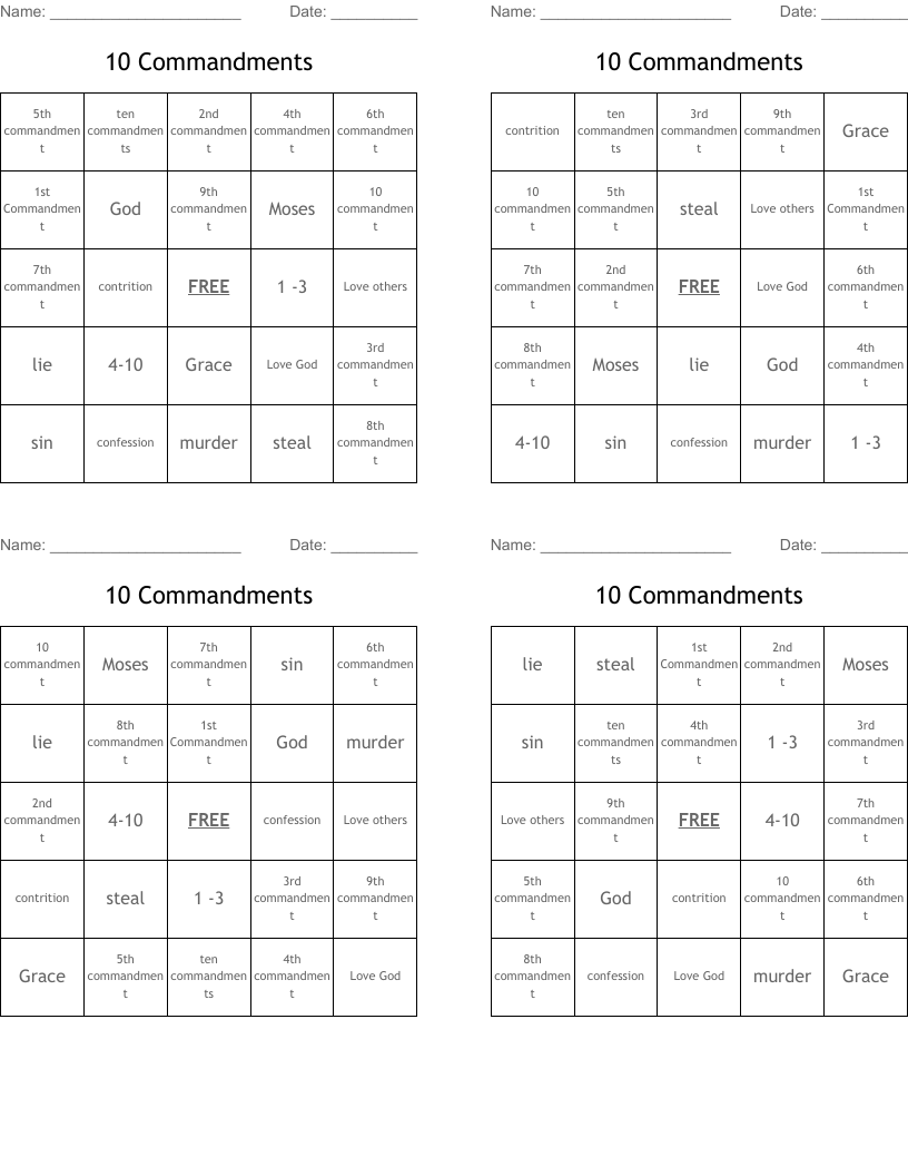10 Commandments  Bingo Cards