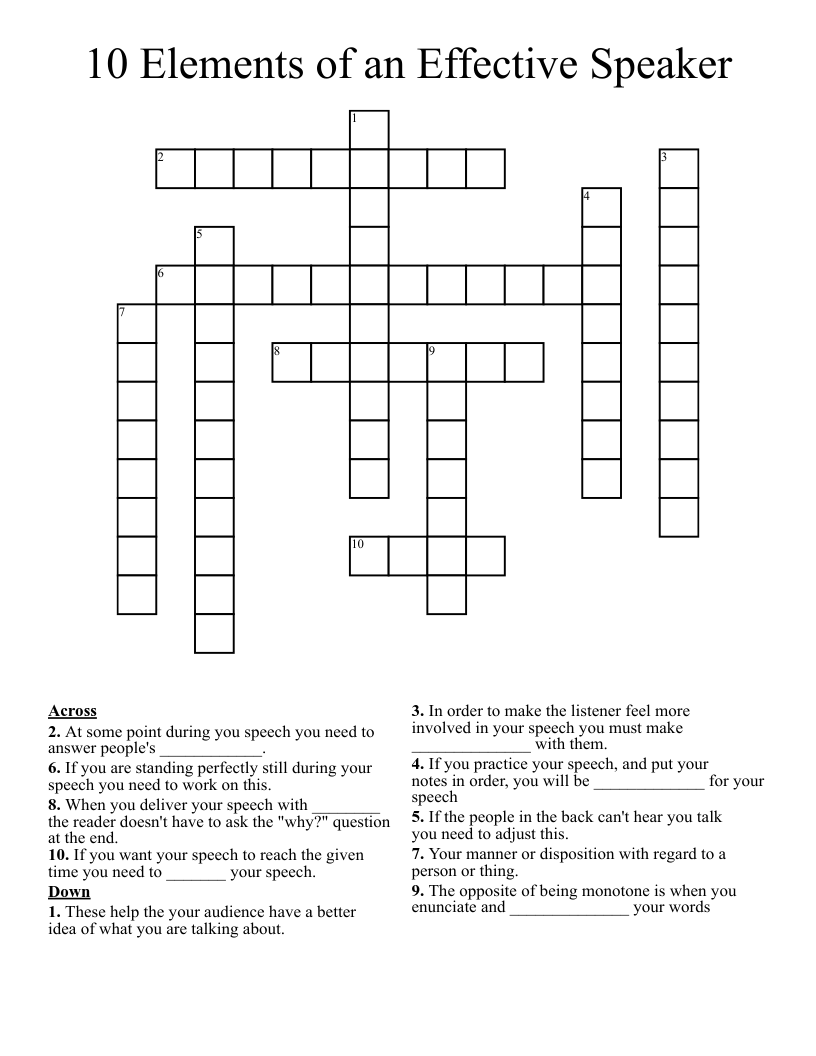 10 Elements of an Effective Speaker Crossword