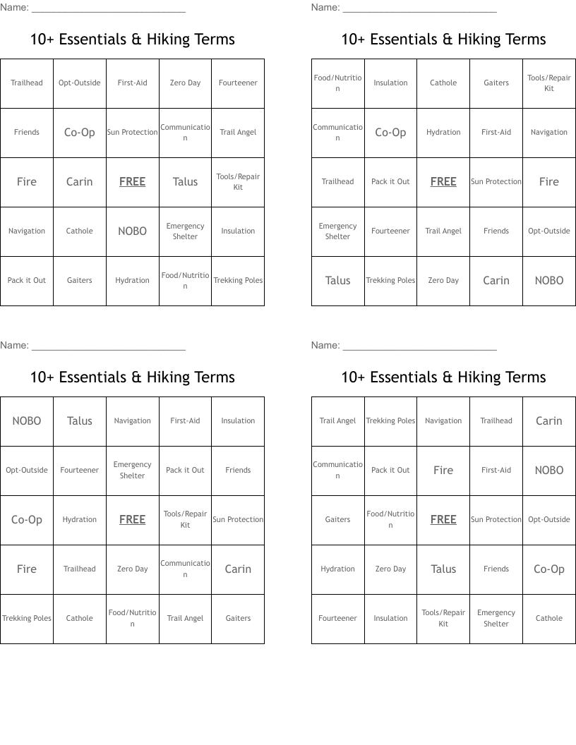 10+ Essentials & Hiking Terms Bingo Cards
