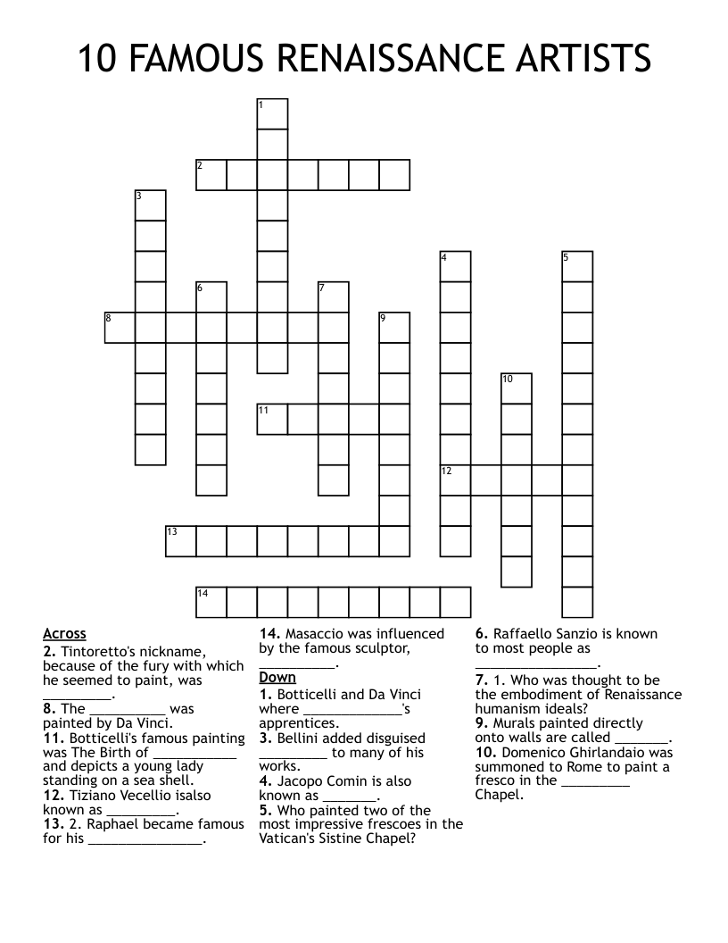 10 FAMOUS RENAISSANCE ARTISTS Crossword