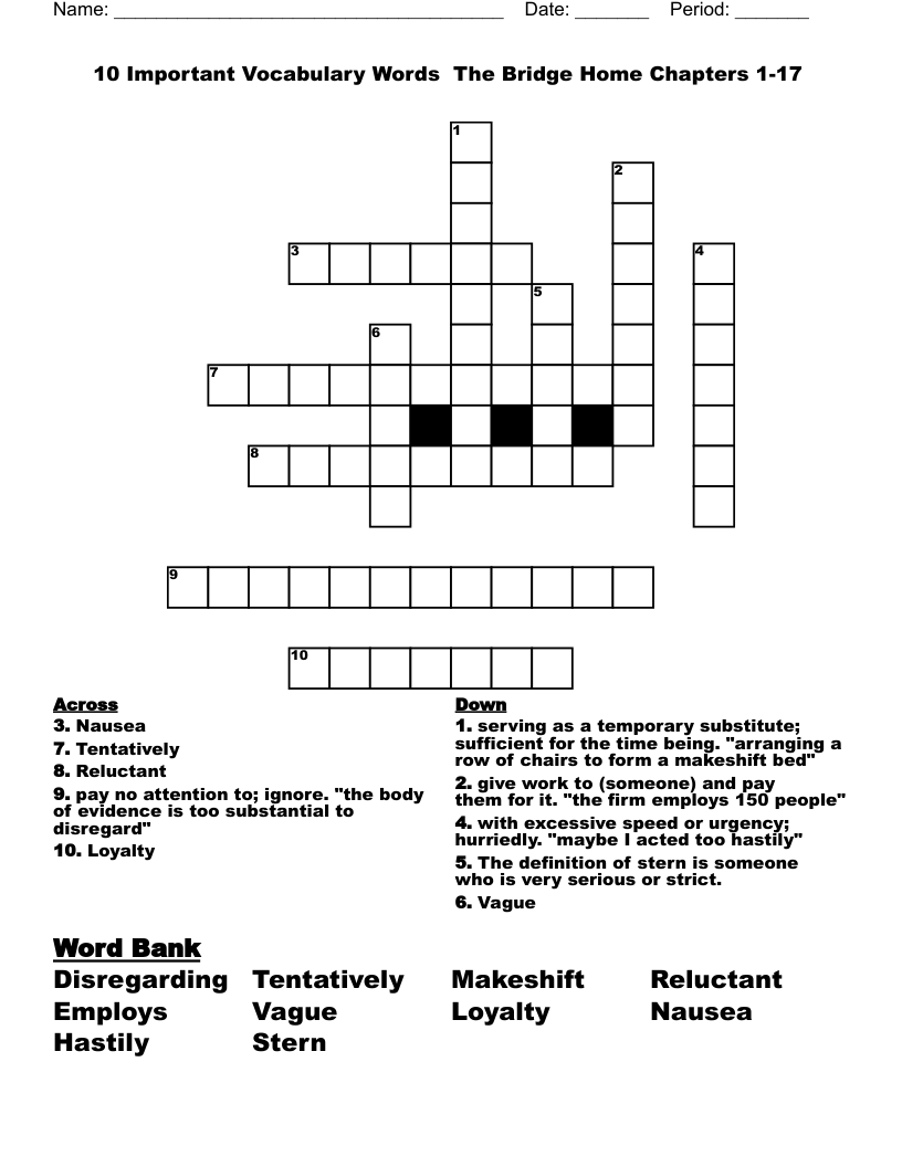 10 Important Vocabulary Words  The Bridge Home Chapters 1-17  Crossword