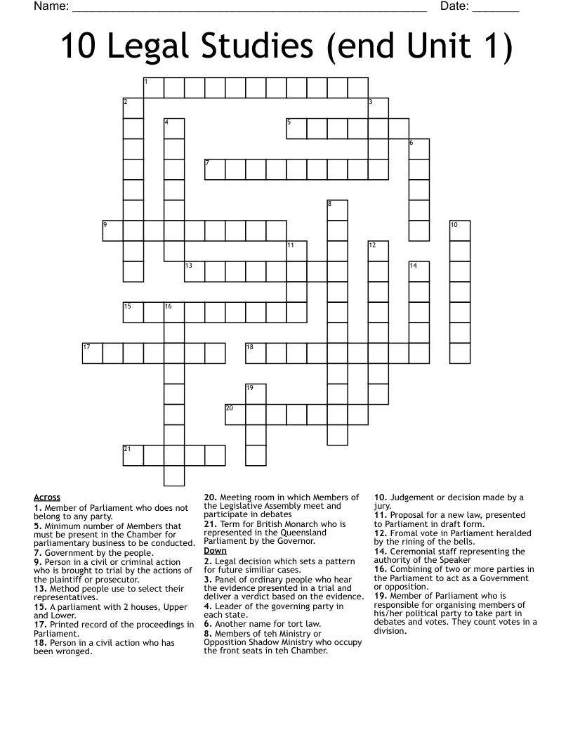 10 Legal Studies (end Unit 1) Crossword