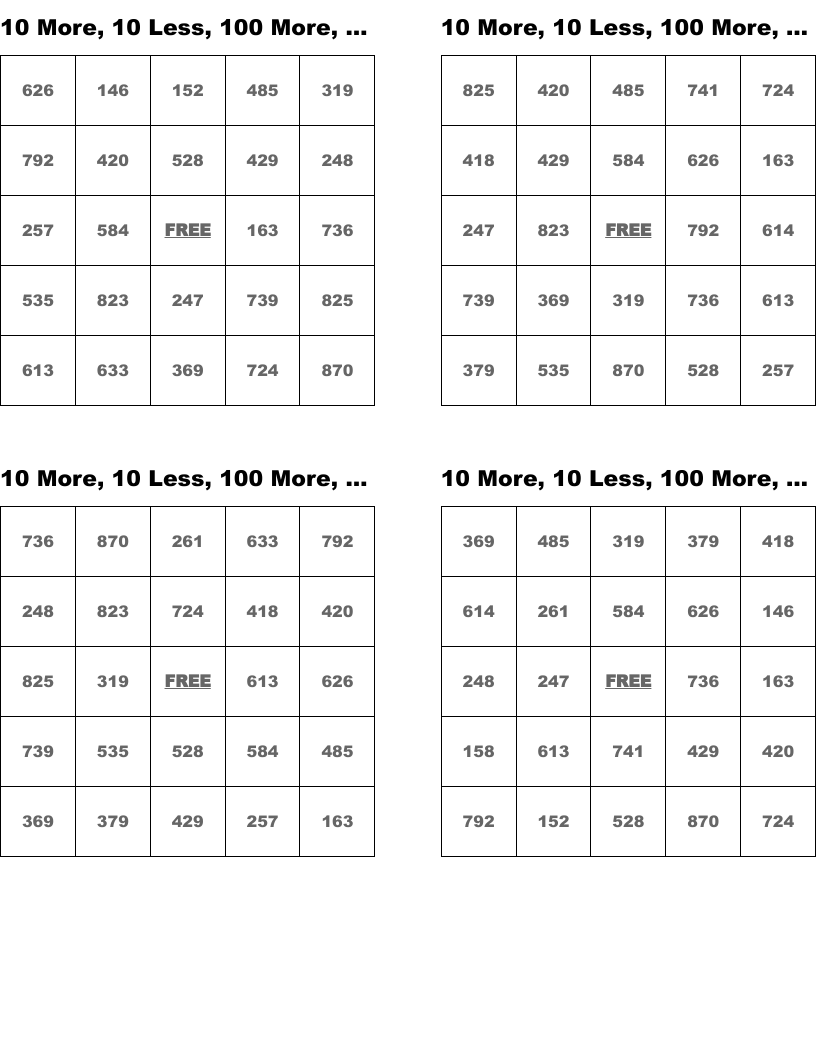 10 More, 10 Less, 100 More, 100 Less Bingo Cards