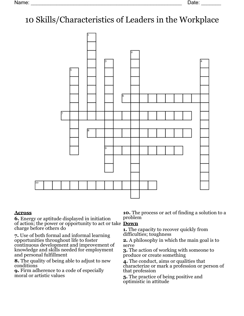 10 Skills/Characteristics of Leaders in the Workplace Crossword