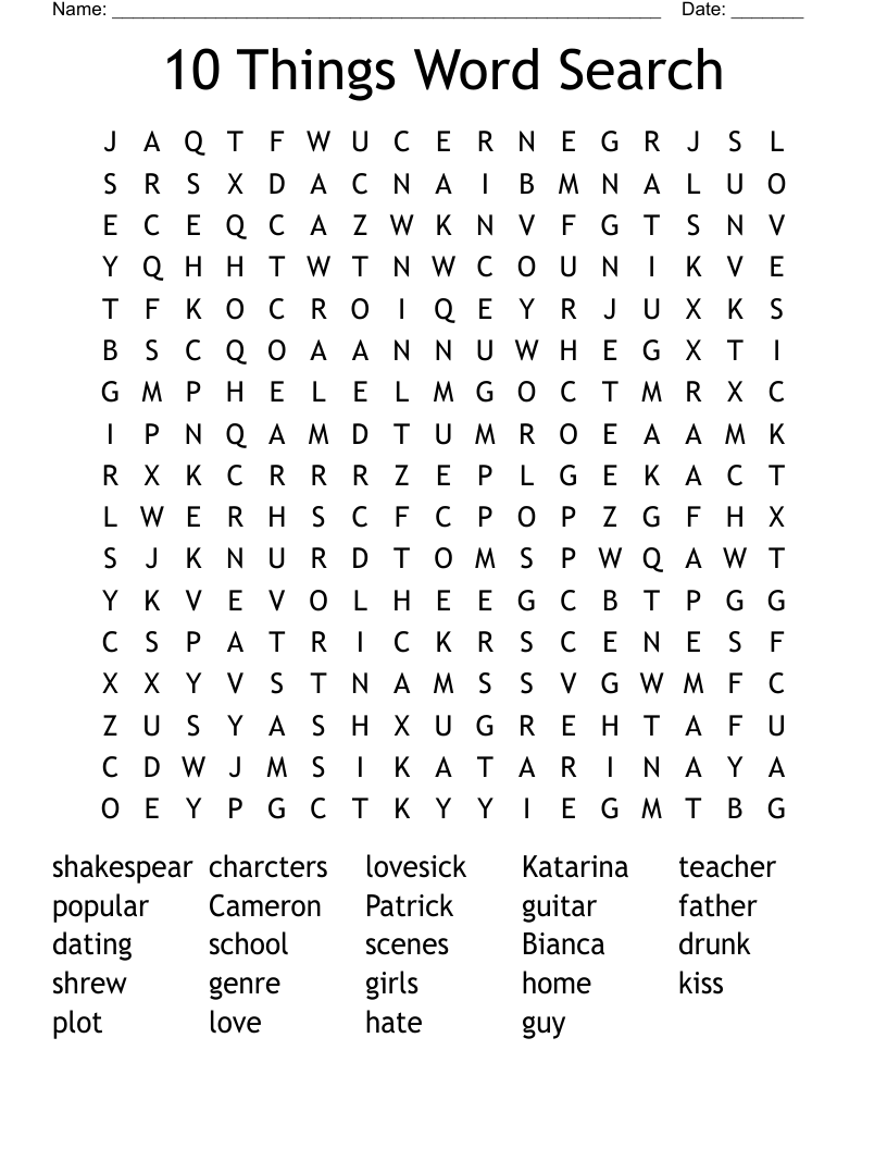 10 Things Word Search
