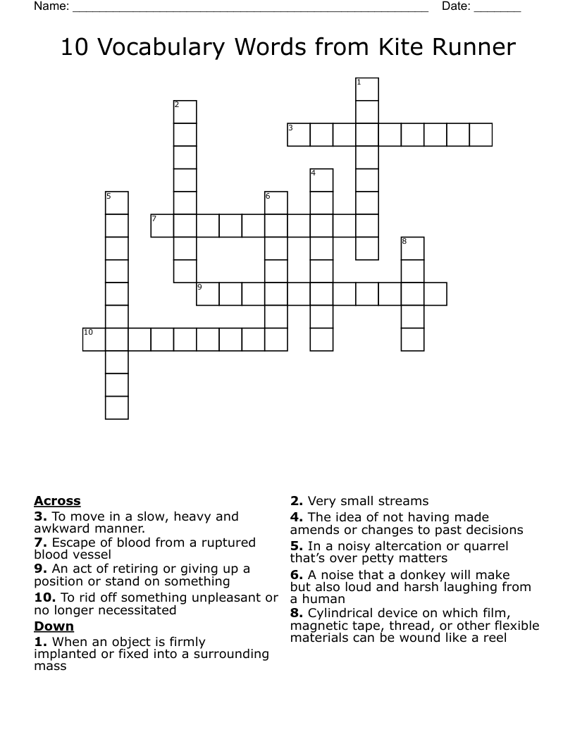 10 Vocabulary Words from Kite Runner Crossword