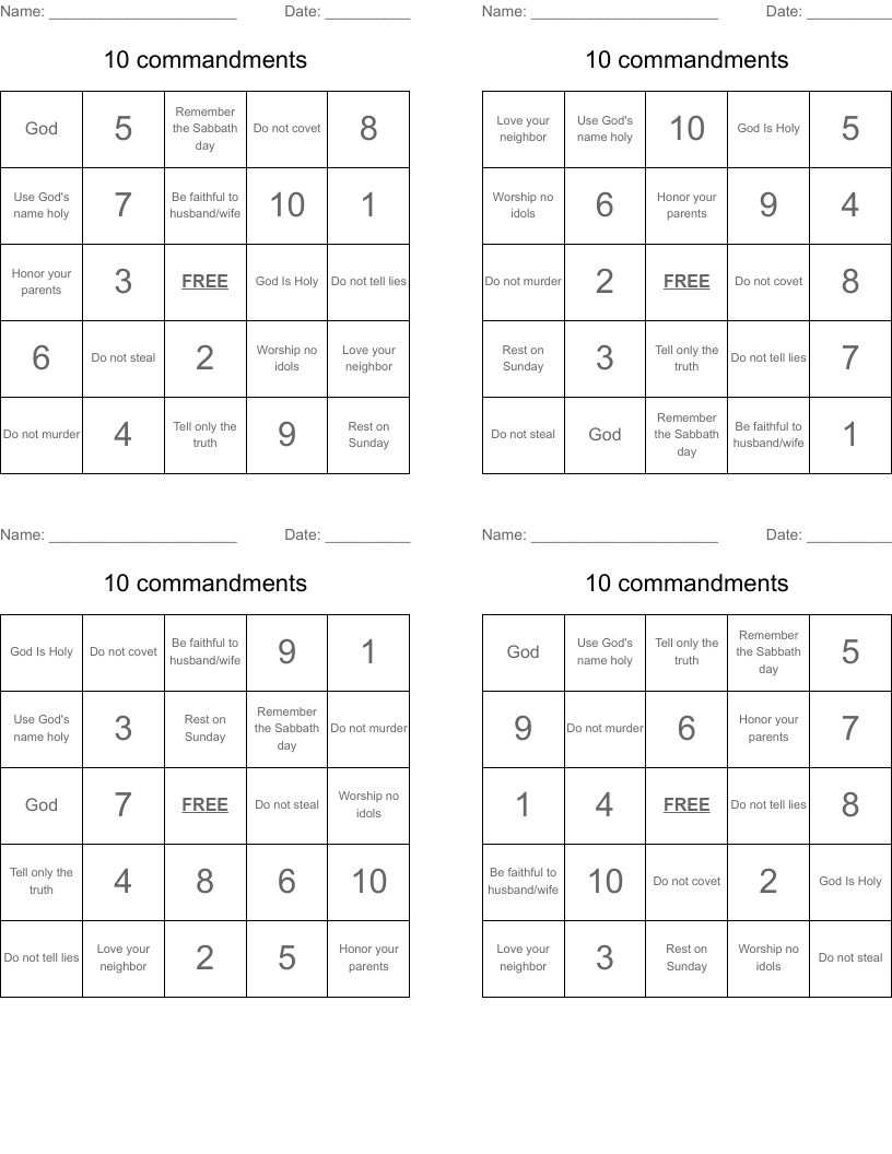 10 commandments Bingo Cards