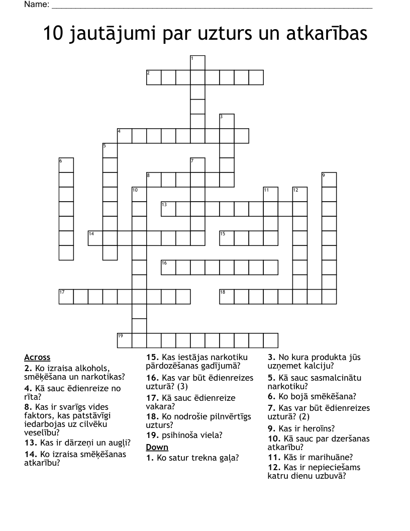 10 jautājumi par uzturs un atkarības Crossword