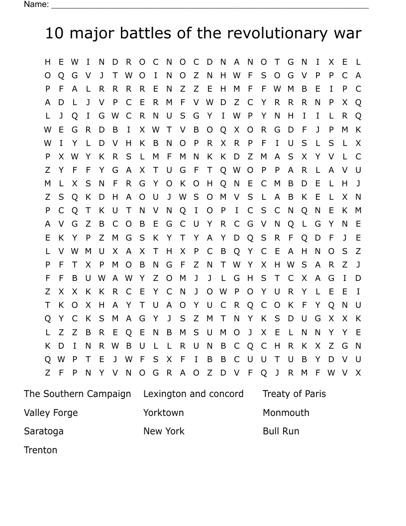 10 major battles of the revolutionary war  Word Search