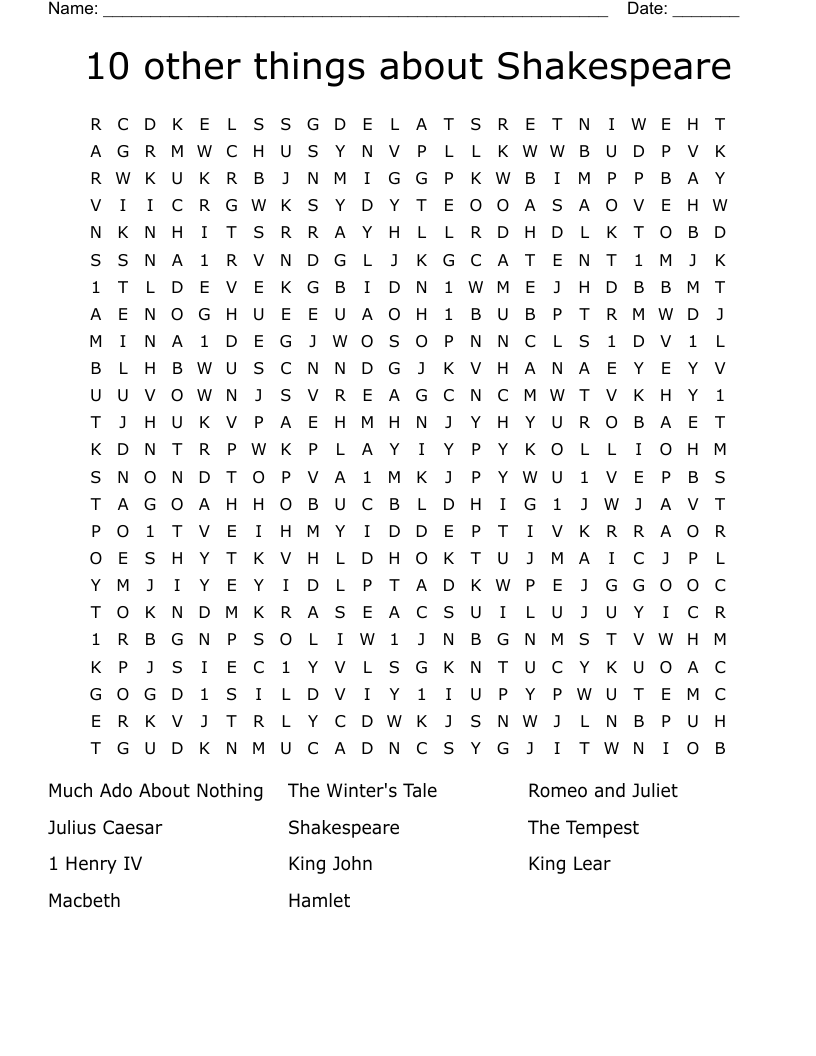 10 other things about Shakespeare Word Search