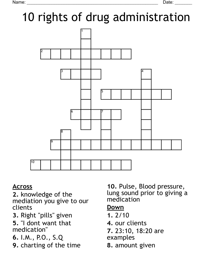 10 rights of drug administration Crossword