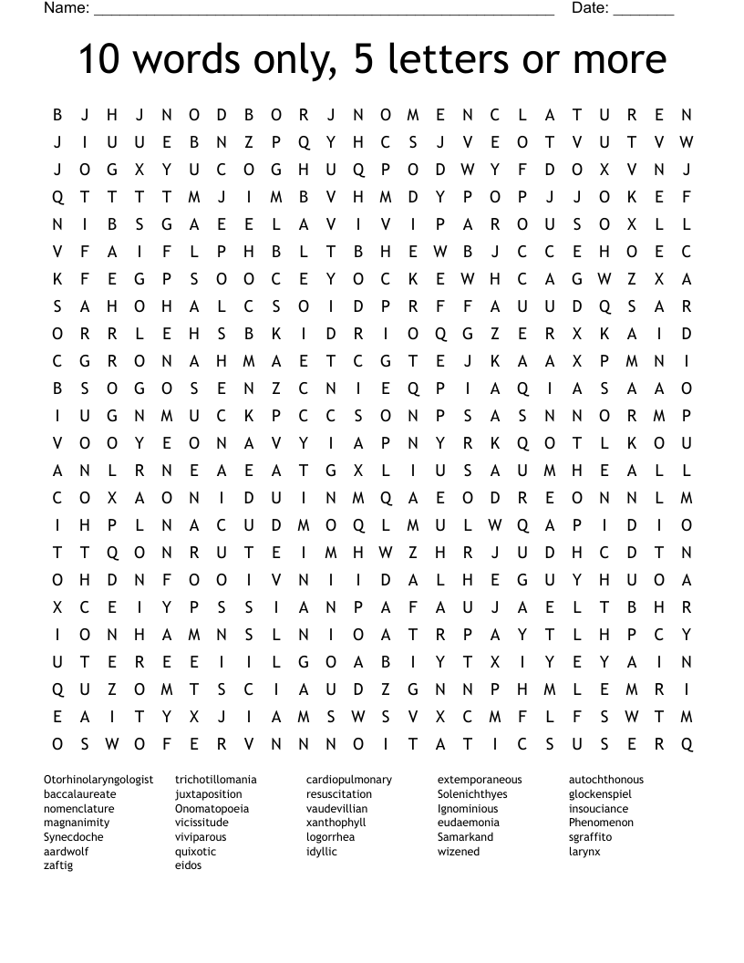 10 words only, 5 letters or more Word Search