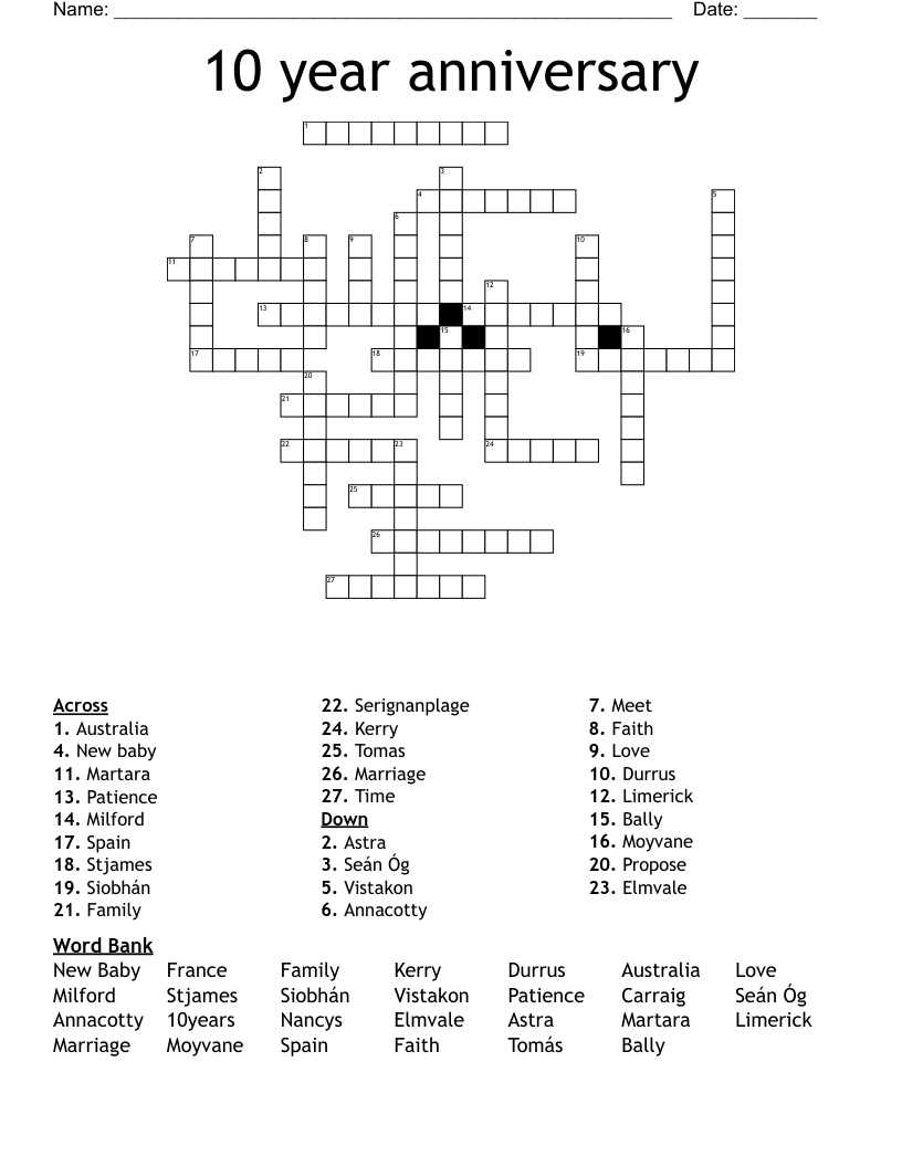 10 year anniversary Crossword