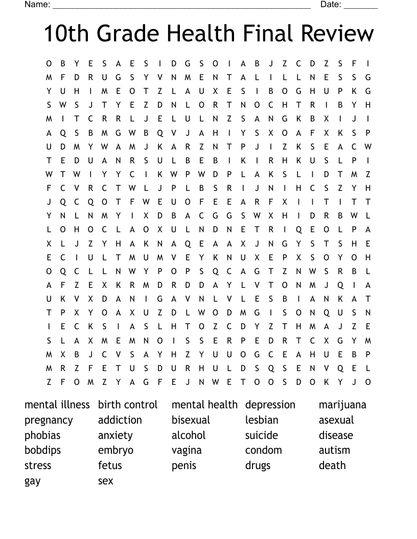 10th Grade Health Final Review Word Search