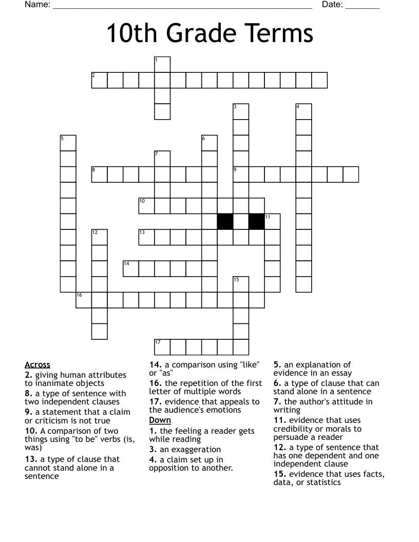 10th Grade Terms Crossword