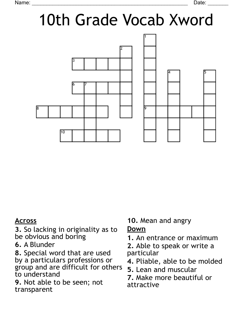 10th Grade Vocab Xword Crossword