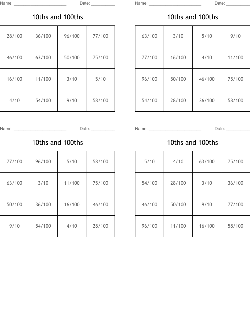 10ths and 100ths  Bingo Cards