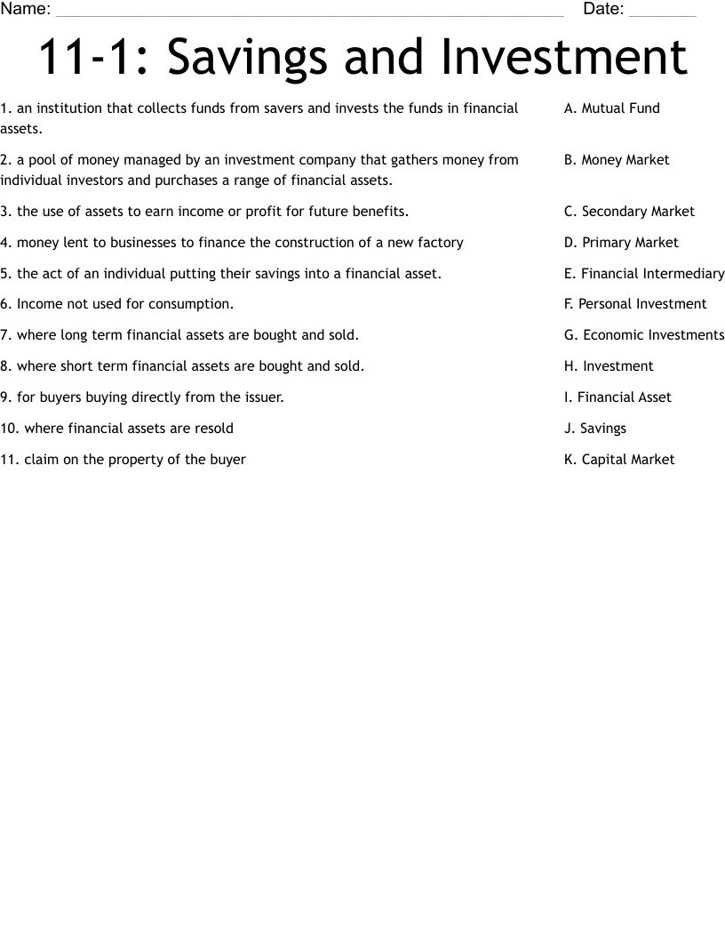 11-1: Savings and Investment Worksheet