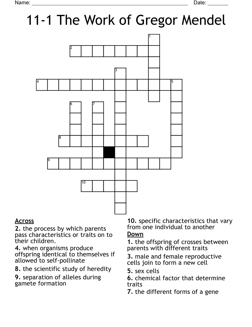 11-1 The Work of Gregor Mendel Crossword