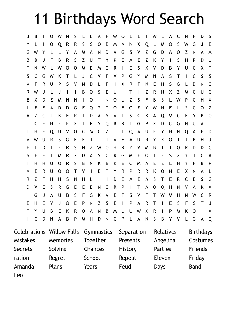 11 Birthdays Word Search