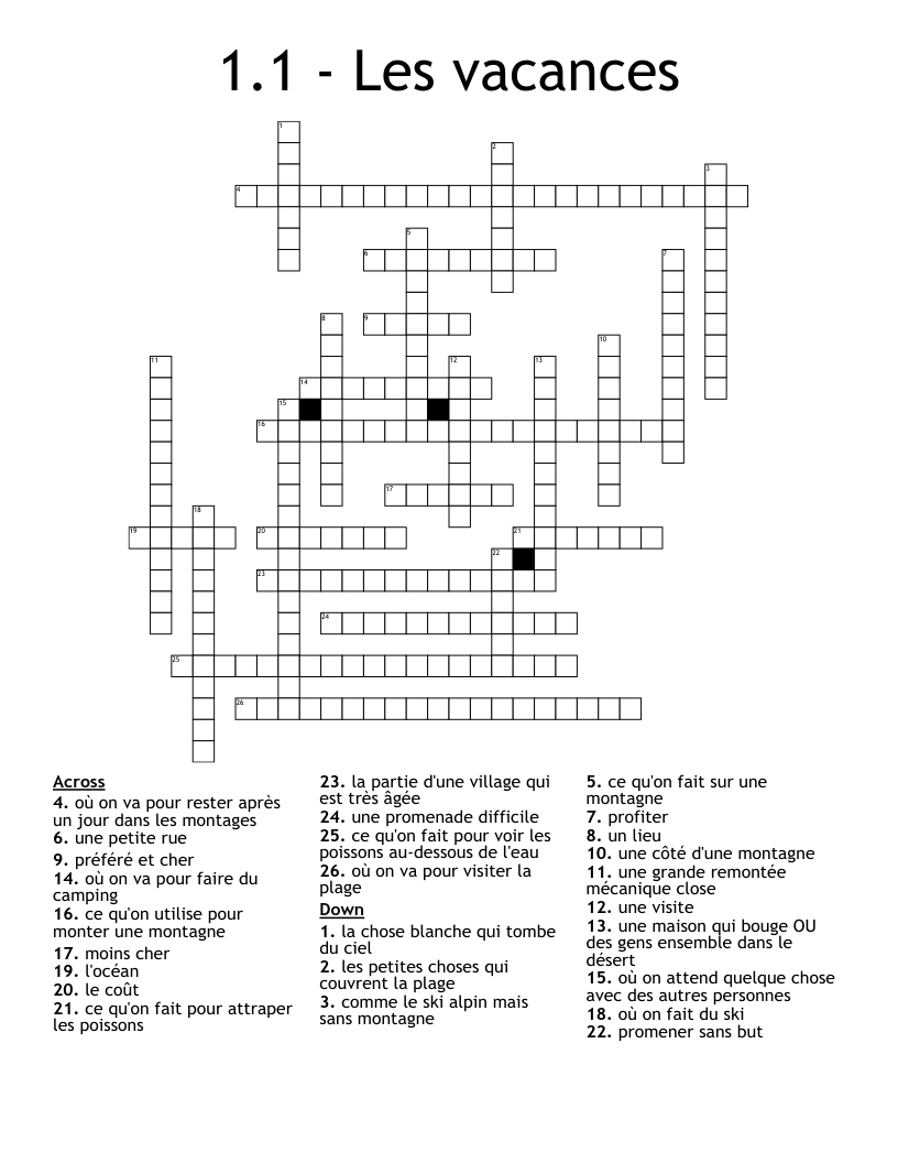 1.1 - Les vacances Crossword
