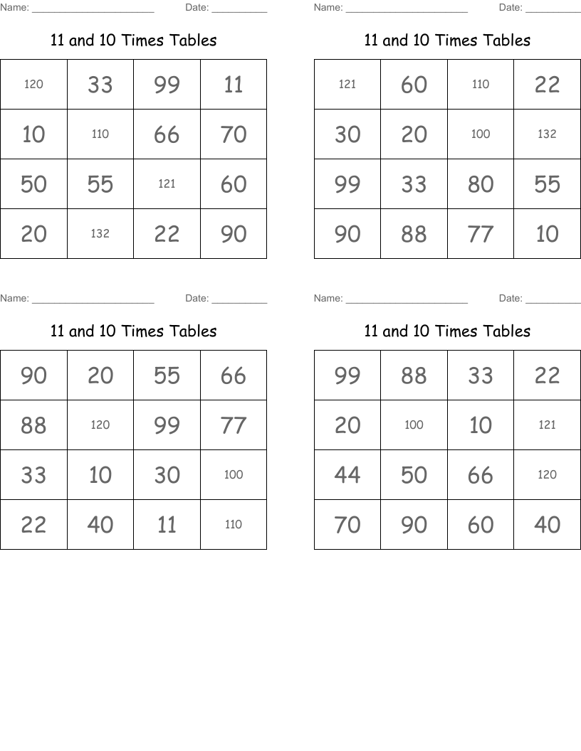 11 and 10 Times Tables  Bingo Cards