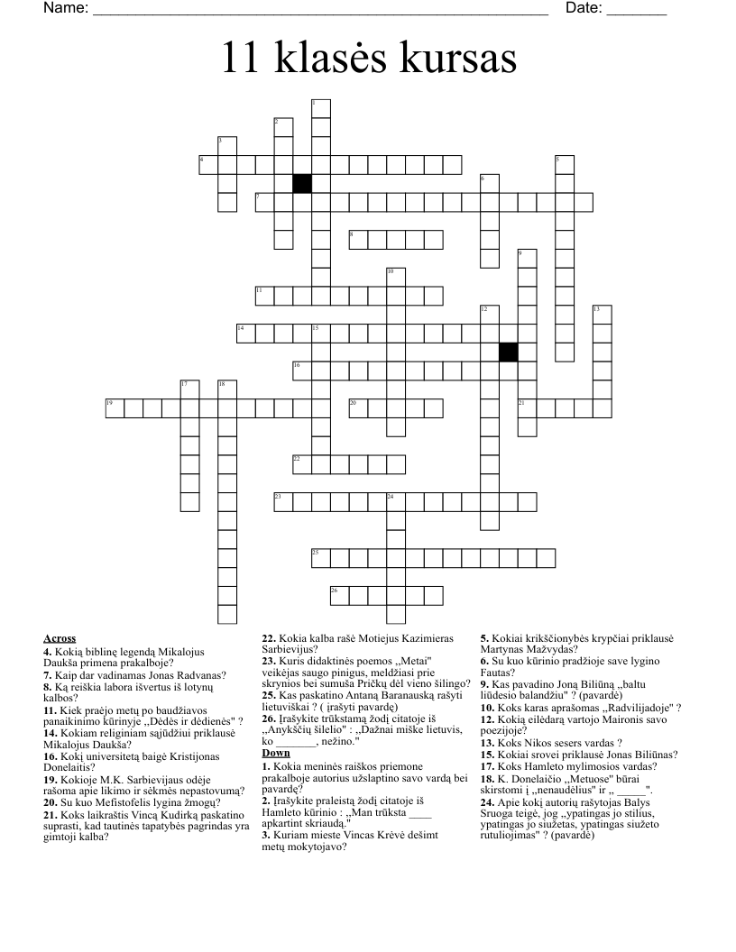 11 klasės kursas Crossword
