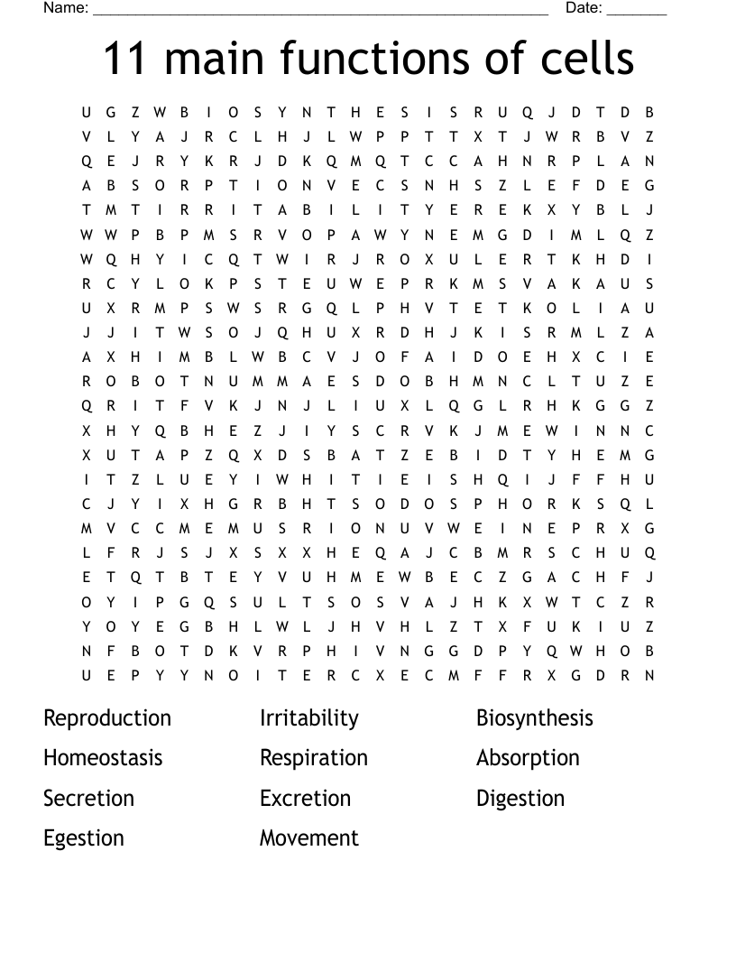 11 main functions of cells Word Search