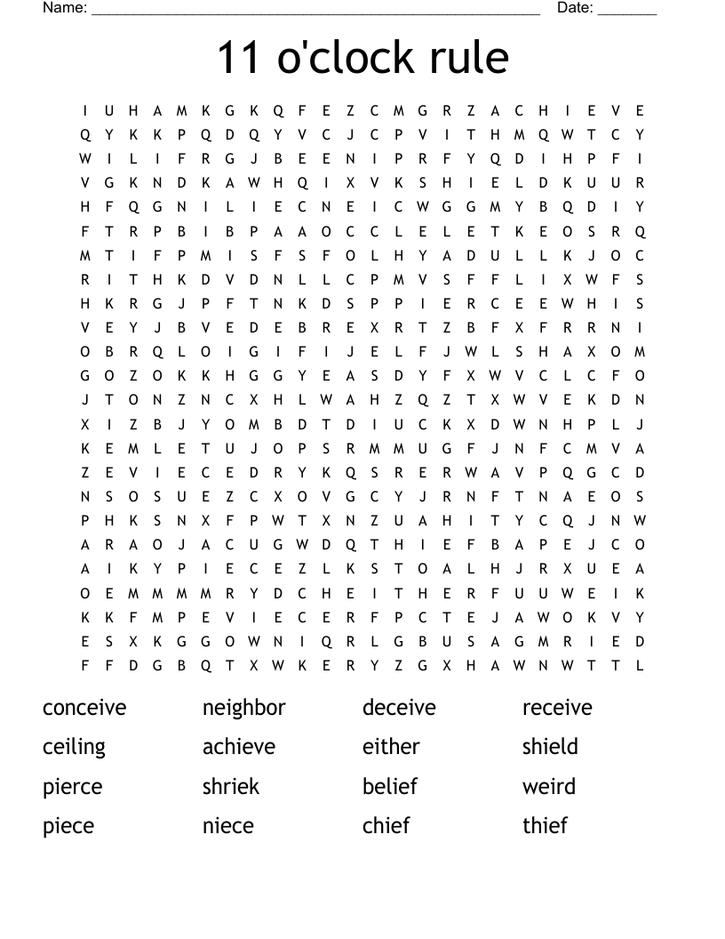 11 o'clock rule Word Search