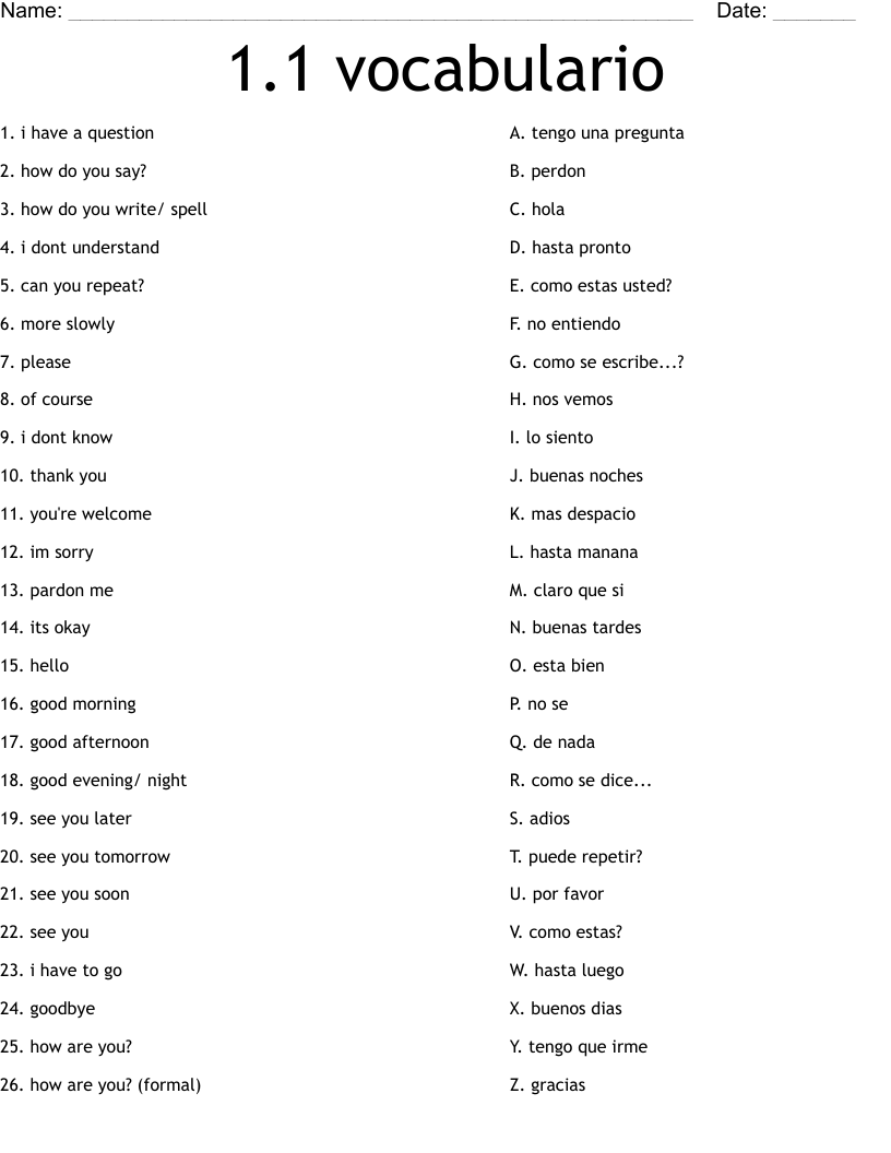 1.1 vocabulario Worksheet