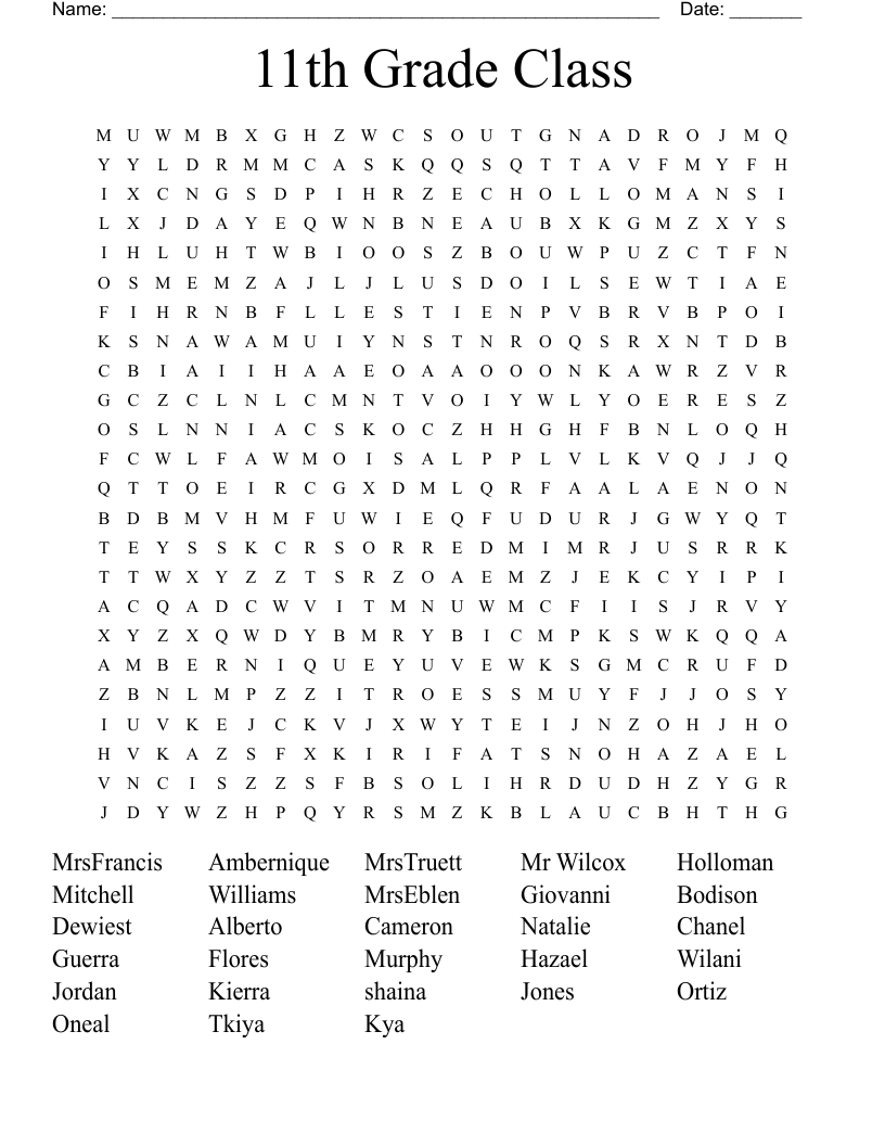 11th Grade Class Word Search
