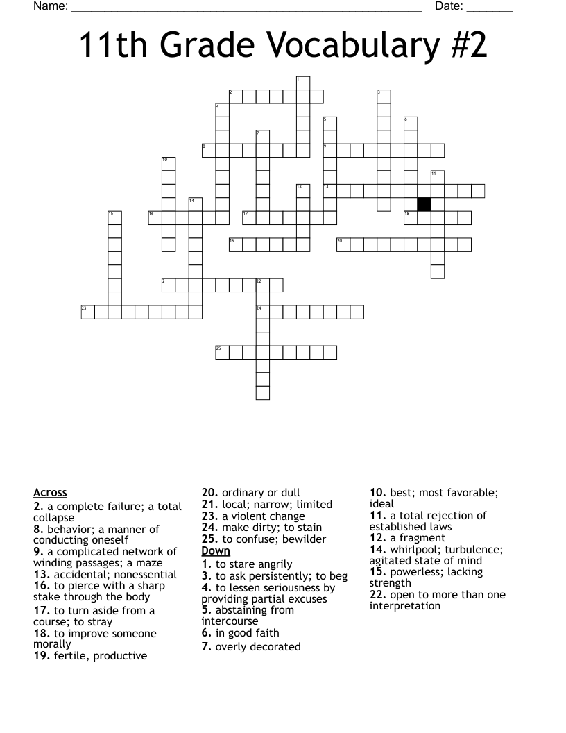 11th Grade Vocabulary #2 Crossword