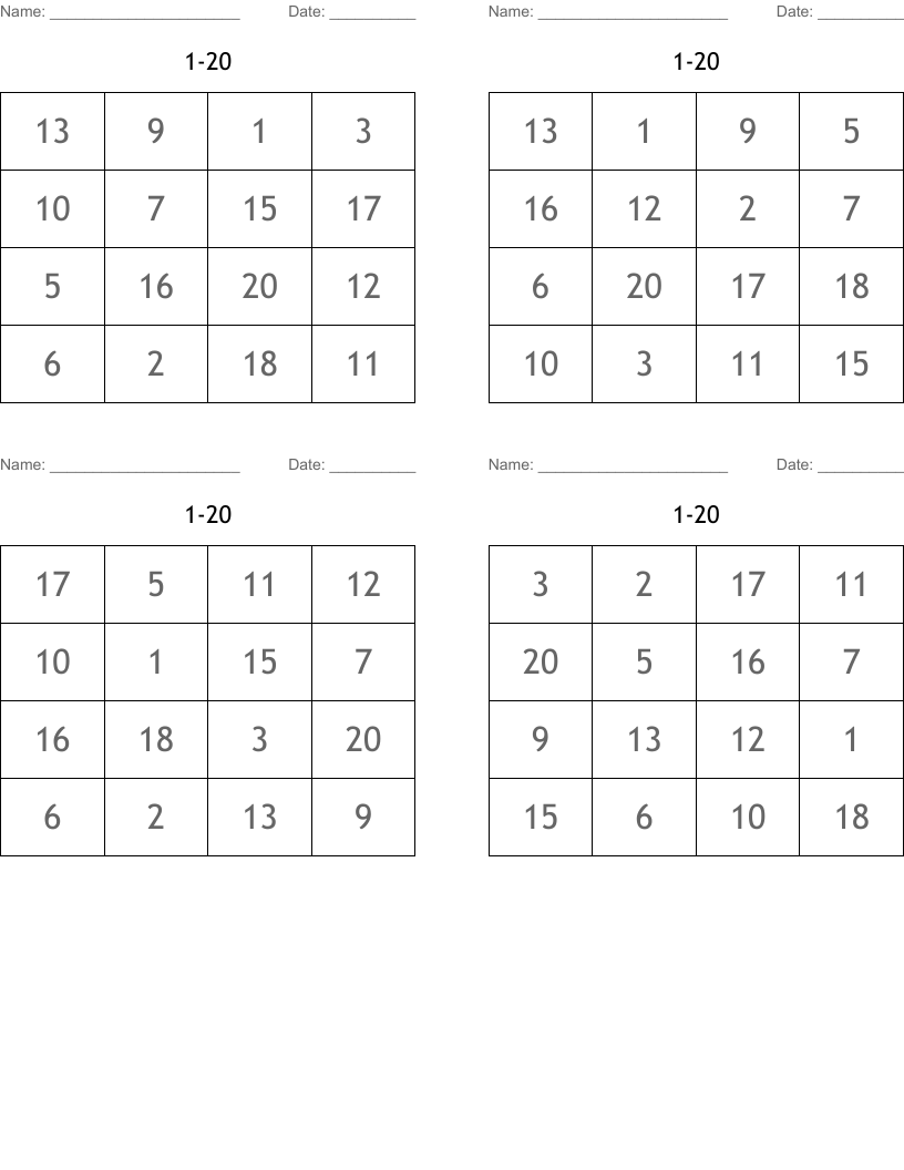 1-20 Bingo Cards