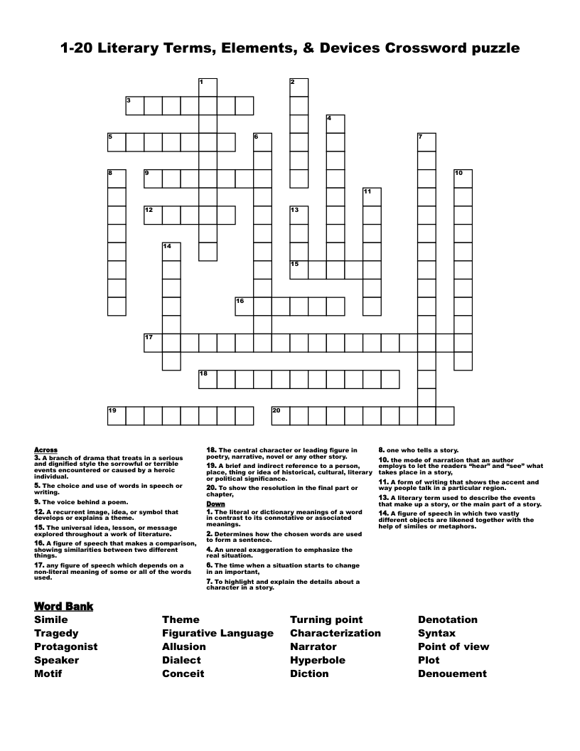 1-20 Literary Terms, Elements, & Devices Crossword puzzle