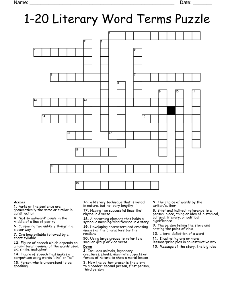 1-20 Literary Word Terms Puzzle Crossword
