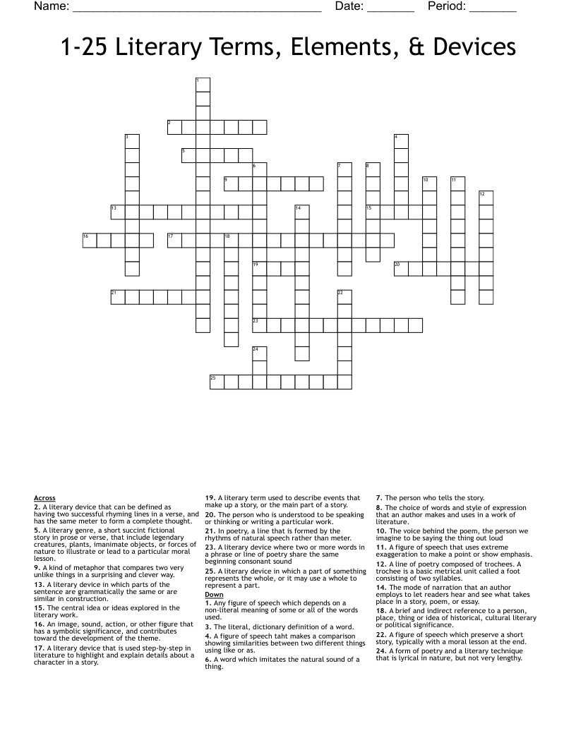1-25 Literary Terms, Elements, & Devices Crossword