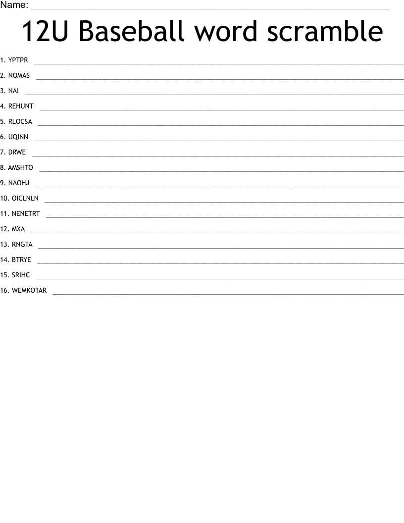 12U Baseball word scramble