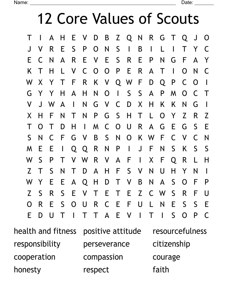 12 Core Values of Scouts Word Search
