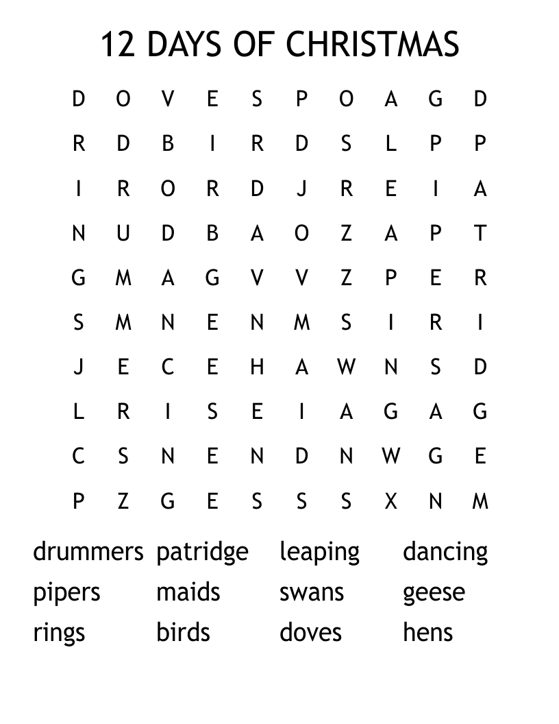 12 DAYS OF CHRISTMAS Word Search