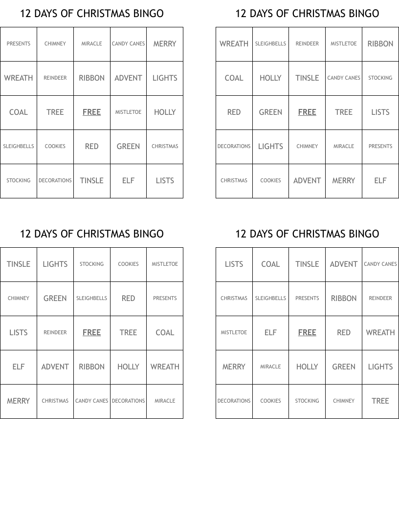 12 DAYS OF CHRISTMAS BINGO