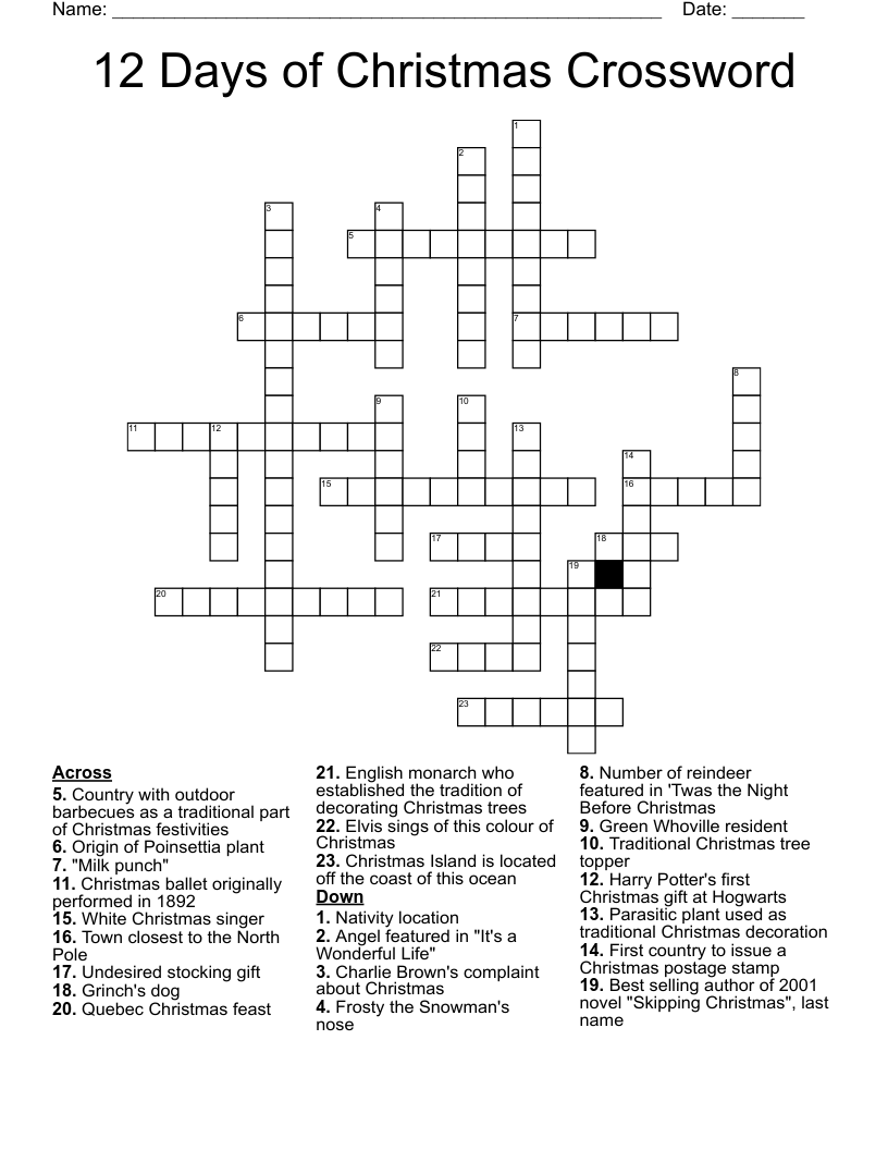 12 Days of Christmas Crossword