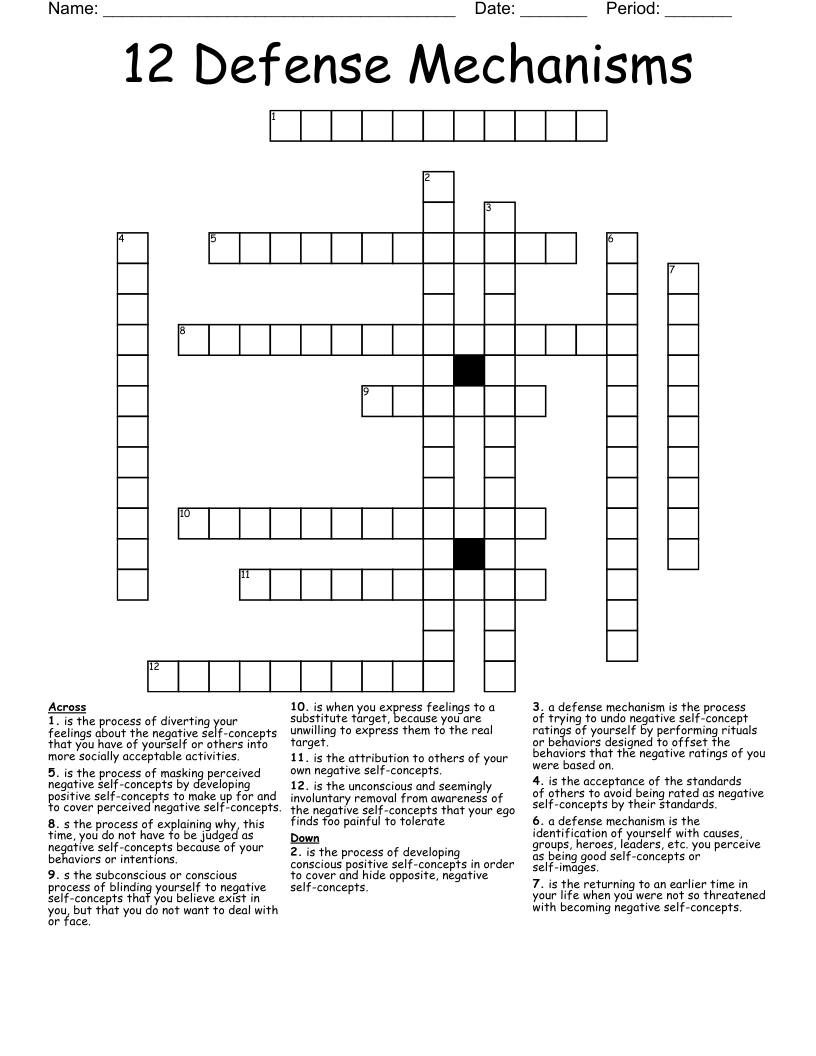 12 Defense Mechanisms Crossword