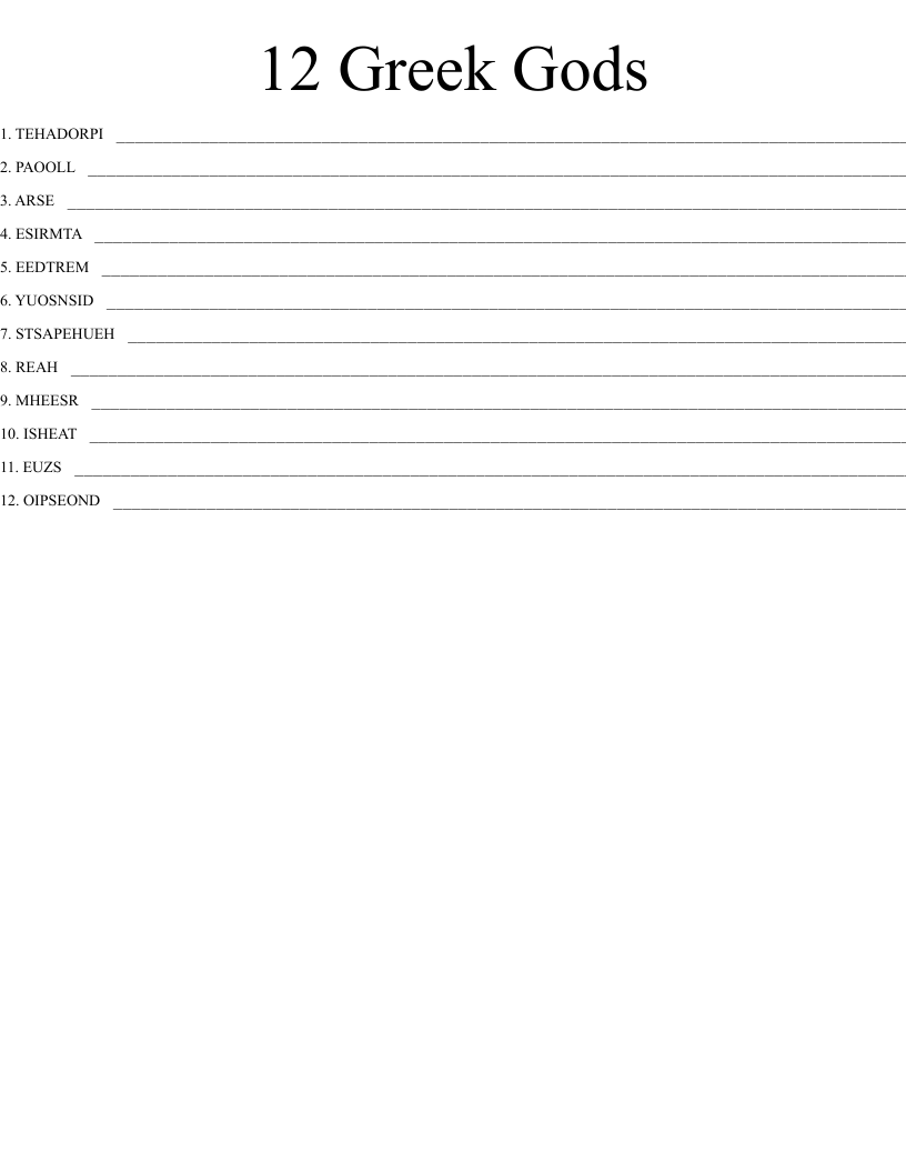 12 Greek Gods Word Scramble